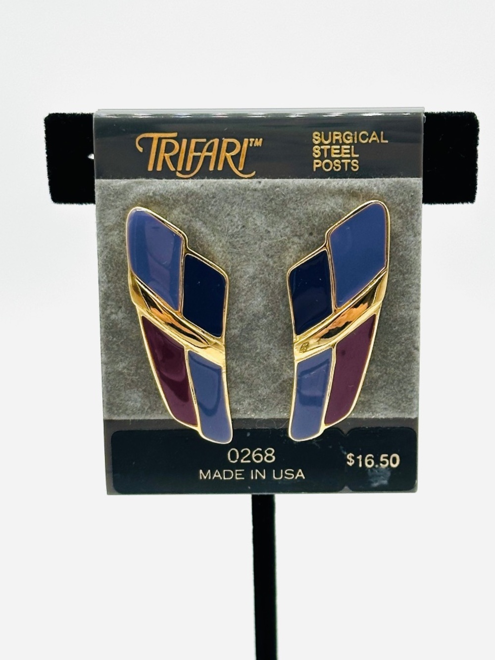Trifari Earrings Geometric Enamel Design Gold Tone Purple Blue Red VTG 80's